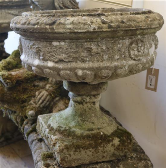 Two reconstituted stone pedestal campana urn shape planters W.46cm.